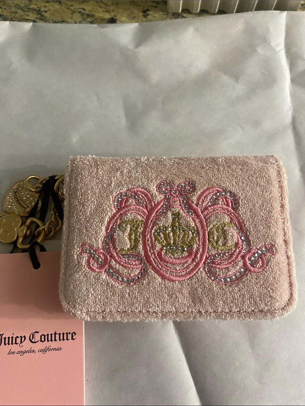 Juicy Couture Pink Embroidered Terry Wallet change purse w wristlet chain NWT